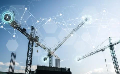Construction technology banner background. Construction site with cranes Stock Photos