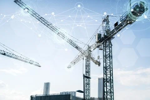 Construction technology banner background. Construction site with cranes Stock Photos