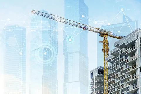 Construction technology banner background. Construction site with cranes Stock Photos