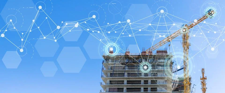 Construction technology banner background. Construction site with cranes Stock Photos
