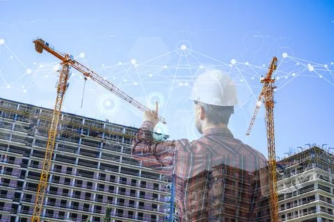 Construction technology banner background. Construction site with cranes Stock Photos