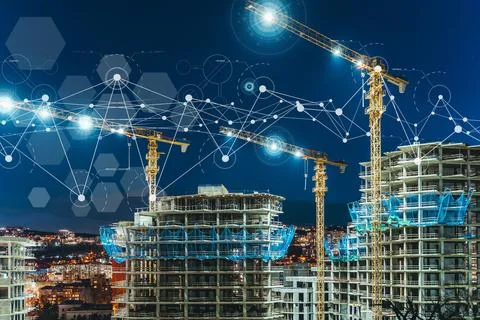 Construction technology banner background. Construction site with cranes Stock Photos