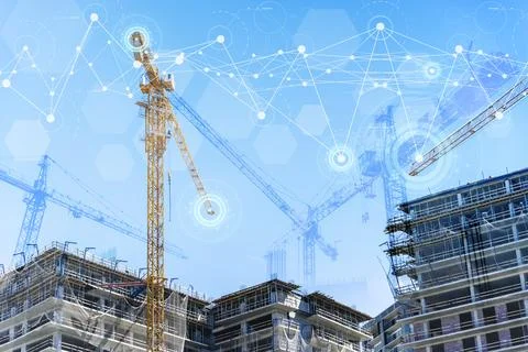 Construction technology banner background. Construction site with cranes Stock Photos