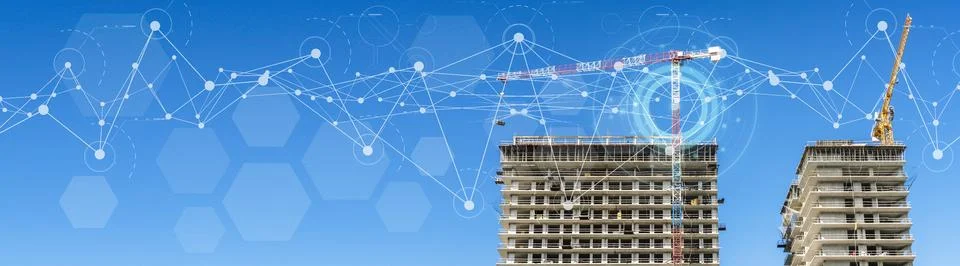 Construction technology banner background. Construction site with cranes 写真素材