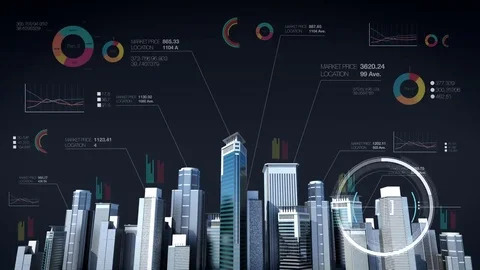 Construction technology. building city skyline with economic chart, diagram. Stock Footage 69261352