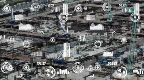 Construction technology concept with alteration graphic over construction site Photos