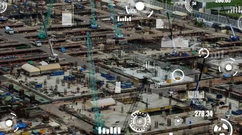 Construction technology concept with alteration graphic over construction site Photos