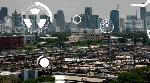 Construction technology concept with alteration graphic over construction site Photos