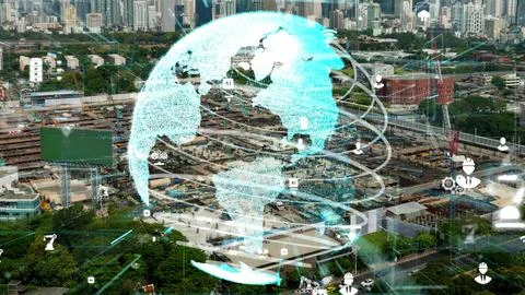 Construction technology concept with alteration graphic over construction site Photos