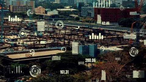 Construction technology concept with alteration graphic over construction site Photos