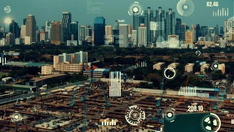 Construction technology concept with alteration graphic over construction site Photos