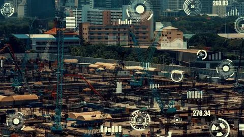 Construction technology concept with alteration graphic over construction site Photos