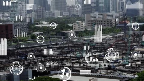 Construction technology concept with alteration graphic over construction site Photos