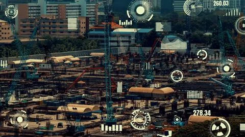 Construction technology concept with alteration graphic over construction site Photos