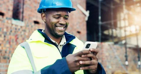 Construction, text or black man on site with phone, client approval or prog.. 스톡 사진
