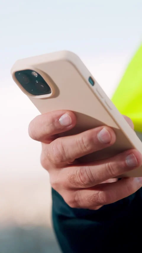 Construction, text or hands outdoor with phone, task instruction or inspection Stock Footage 336201069