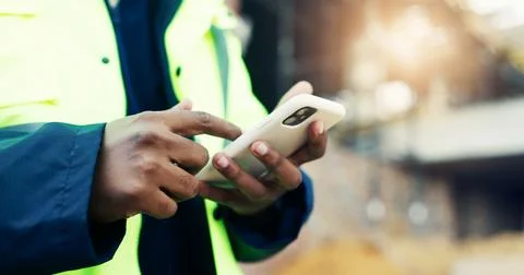 Construction, text or hands outdoor with phone, task instruction or inspect.. Stock Photos