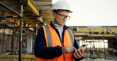 Construction, text or man on site with phone, task instruction or inspection Stock Photos
