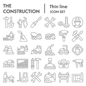 Construction thin line icon set. Building industry signs collection, sketches Ilustración de archivo