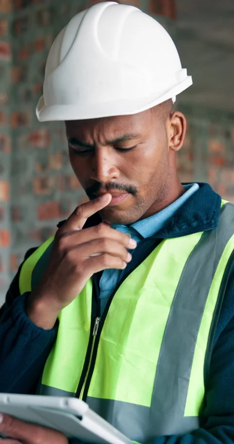 Construction, thinking and black man on tablet for building evaluation Stock Footage 340871338