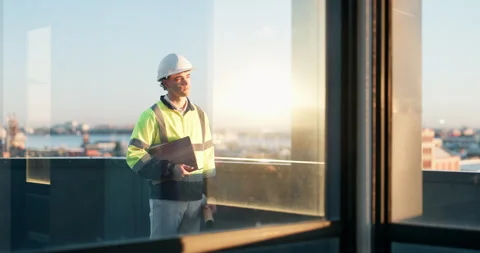 Construction, thinking and man on balcony for building, expansion project and Stock Footage 340001453