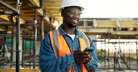 Construction, thinking or black man on site with phone, operation plan or Stock Photos
