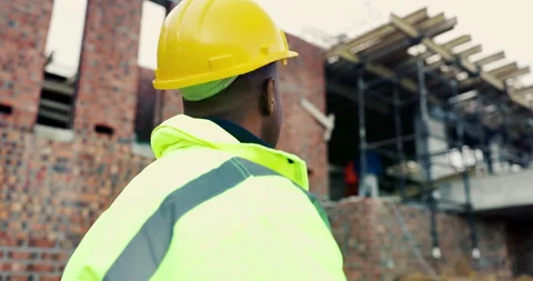 Construction, thinking or man outdoor with hat, progress reflection or mindset Stock Footage 336801050