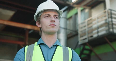 Construction, thinking or man outdoor with ppe, progress review or mindset in Stock Footage 341377367