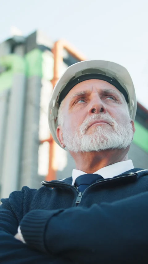 Construction, thinking or man outdoor with arms crossed, review or reflection in Stock Footage 343815162