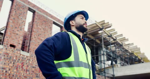 Construction, thinking or man on site with development, progress reflection or Stock Footage 336780084