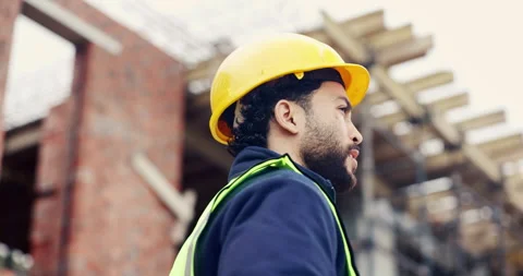 Construction, thinking or man on site with ppe, progress reflection or mindset Stock Footage 336802361