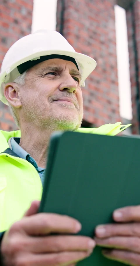 Construction, thinking or man with tablet, site reflection or progress report on Stock Footage 340901443