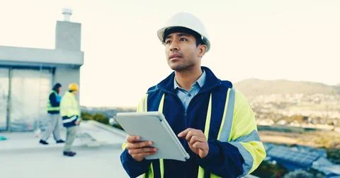 Construction, thinking or manager with tablet, site evaluation or reflection on Stock-Fotos