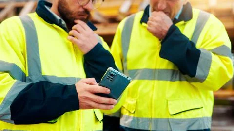Construction, thinking or team on site with phone, task instruction or Stock Photos