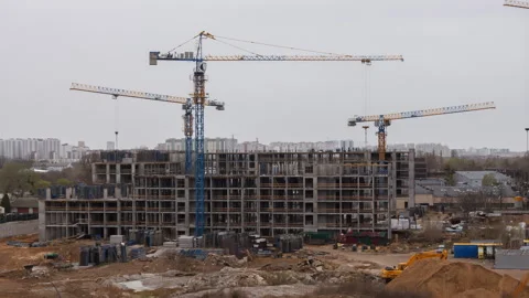 Construction Timelapse of Apartment Complex With Tower Cranes and Busy Mach.. Stock Footage 307609070