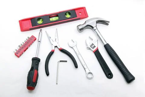 Construction tool set collection of construction tool set on white backgro... Fotos Stock