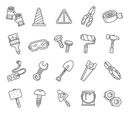 Construction tool set in outline line Stock Illustration