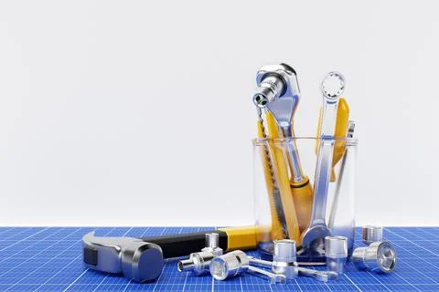 Construction tool shop service concept. set of all tools for home repair buil Stock Illustration