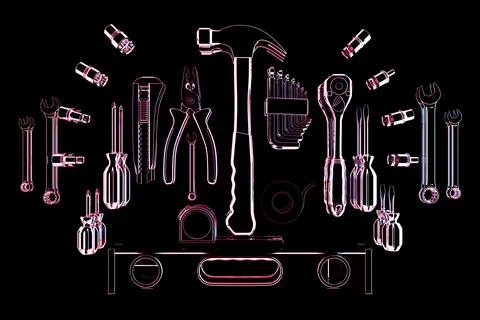 Construction tool shop service concept. Glass set of all tools for home repai Illustration