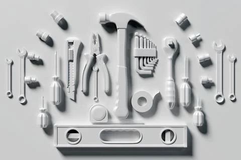 Construction tool shop service concept. white set of all tools for home repai Stock Photos