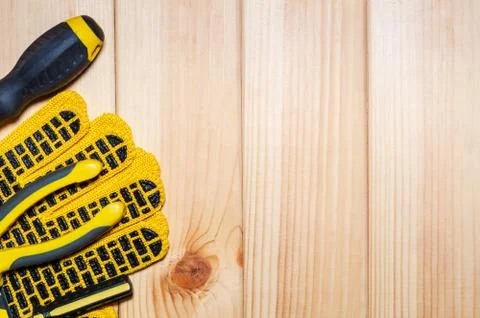 Construction tool on wood board maintenance concept. Stock Photos