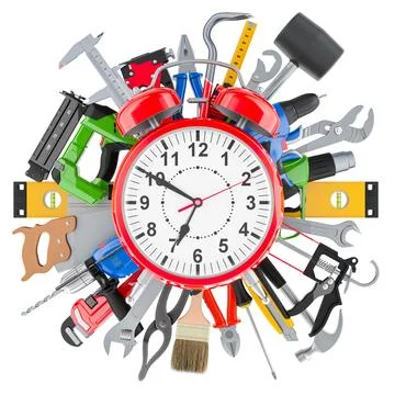 Construction Tools with alarm clock, 3D rendering Stock Illustration