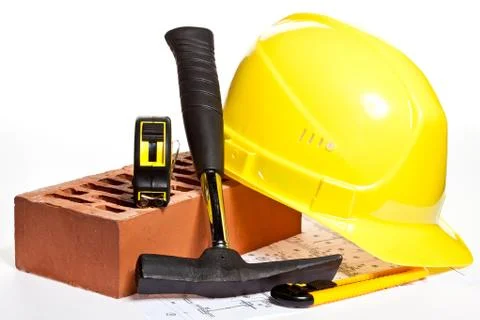 Construction tools and blueprint Stock Photos