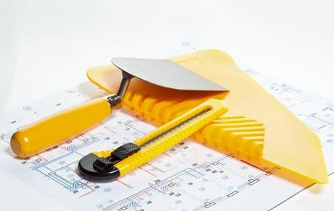 Construction tools and blueprint Foto stock