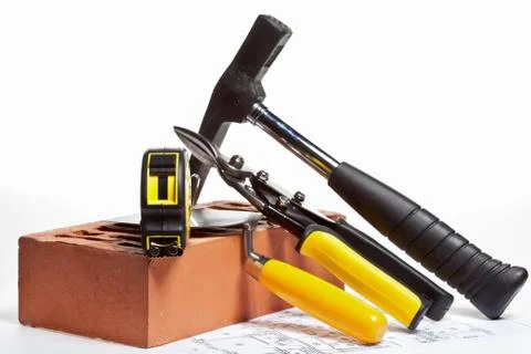 Construction tools and blueprint Stock Photos