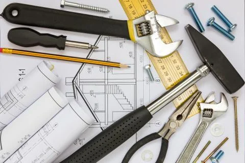 Construction tools and blueprints Stock Photos