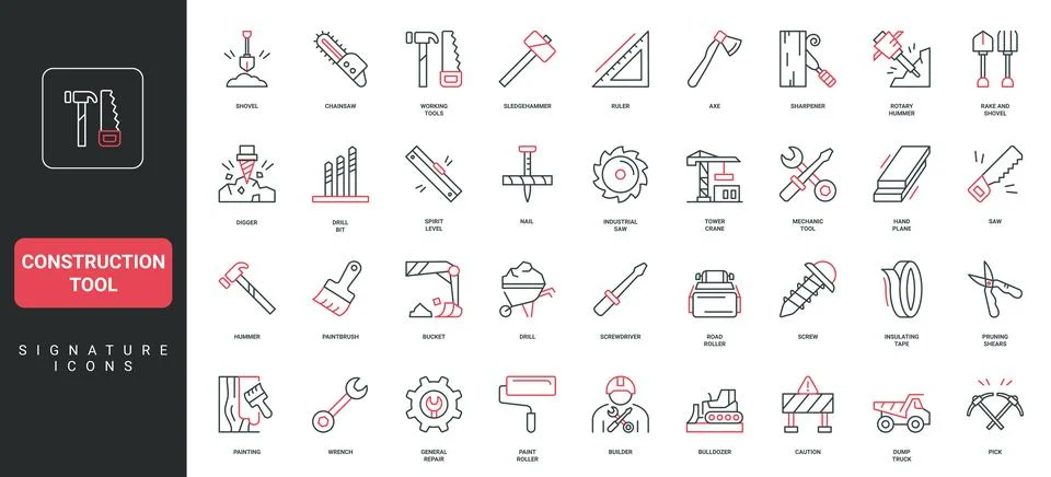 Construction tools and equipment of builder and handyman, appliances line icon Stock Illustration