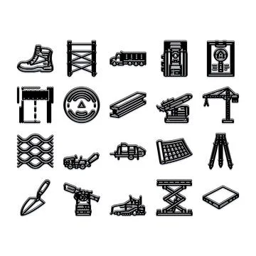 Construction tools and equipment flat line icons Stock Illustration