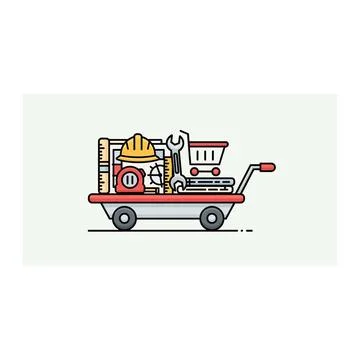 Construction tools and hardware equipment on trolley Stock Illustration