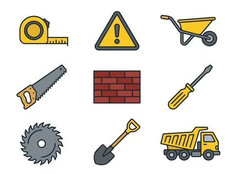 Construction tools and materials flat icons set including tape measure, war.. Stock-Illustration